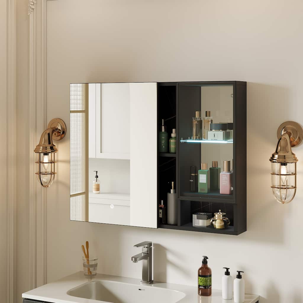 Recessed Mount Aluminum Frameless Medicine Cabinet With Glass Door, Adjustable LED Light, Mirrored Door, And Fixed Shelves