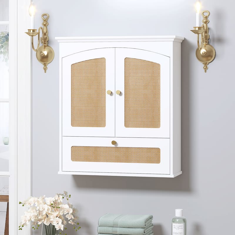 COSTARS Rattan Door Medicine Cabinet - Wall Mount Over Toilet Storage with Tilt-Out Bin - Painted - White