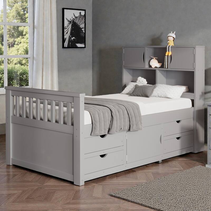 Twin Captain Platform Bed with Storage Bookcase Headboard, Shelves and Four Drawers, No Box Spring Needed - Grey - Twin