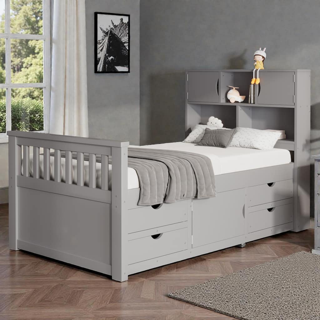 Twin Captain Platform Bed with Storage Bookcase Headboard, Shelves and Four Drawers, No Box Spring Needed