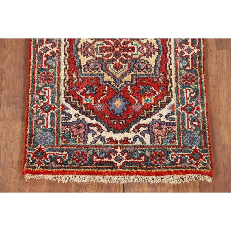 Geometric Heriz Serapi Indian Accent Rug Handmade Red Wool Carpet - 2'0" x 3'0"