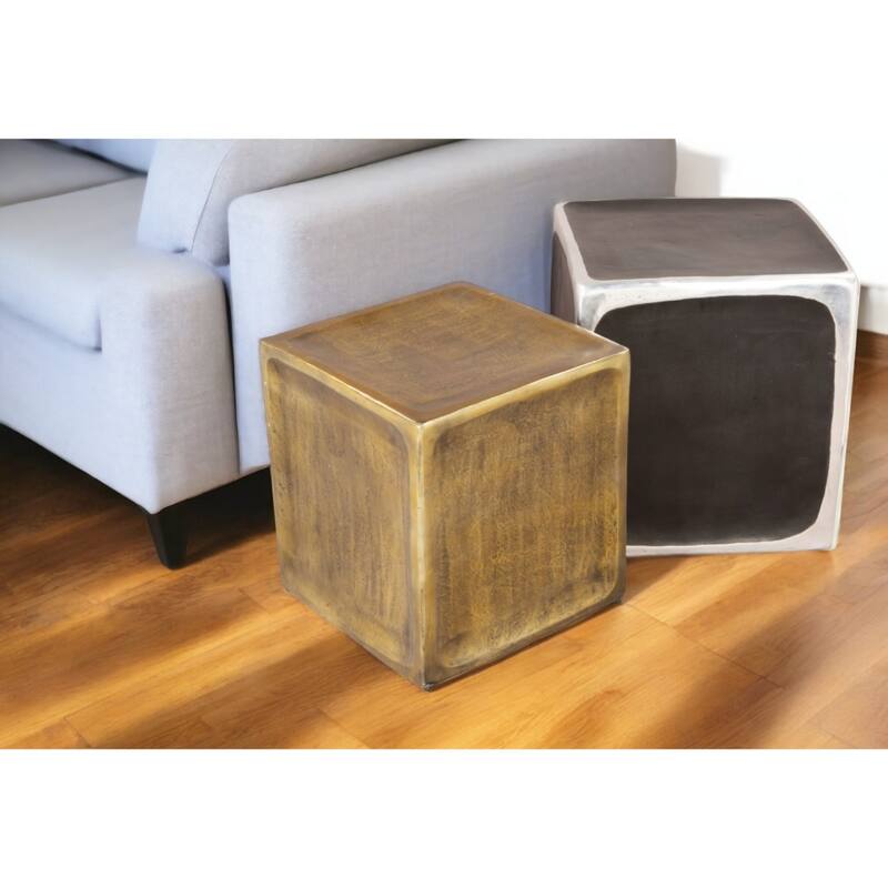Set of 2 Square Block End Tables in Black Silver and Brass Aluminum - 18.1” x 18.1” x 20.5”