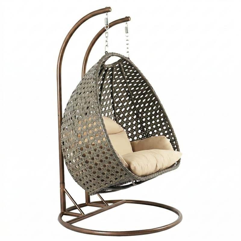 LeisureMod Modern 2-Person Egg Hanging Swing Chair with Beige Wicker, Oxford Fabric Cover, Patio Hammock Lounger and Cushions