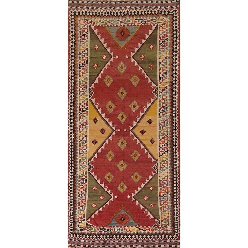 Vegetable Dye Orange Kilim Qashqai Persian Antique Wool Carpet - 4'4"x 10'10"