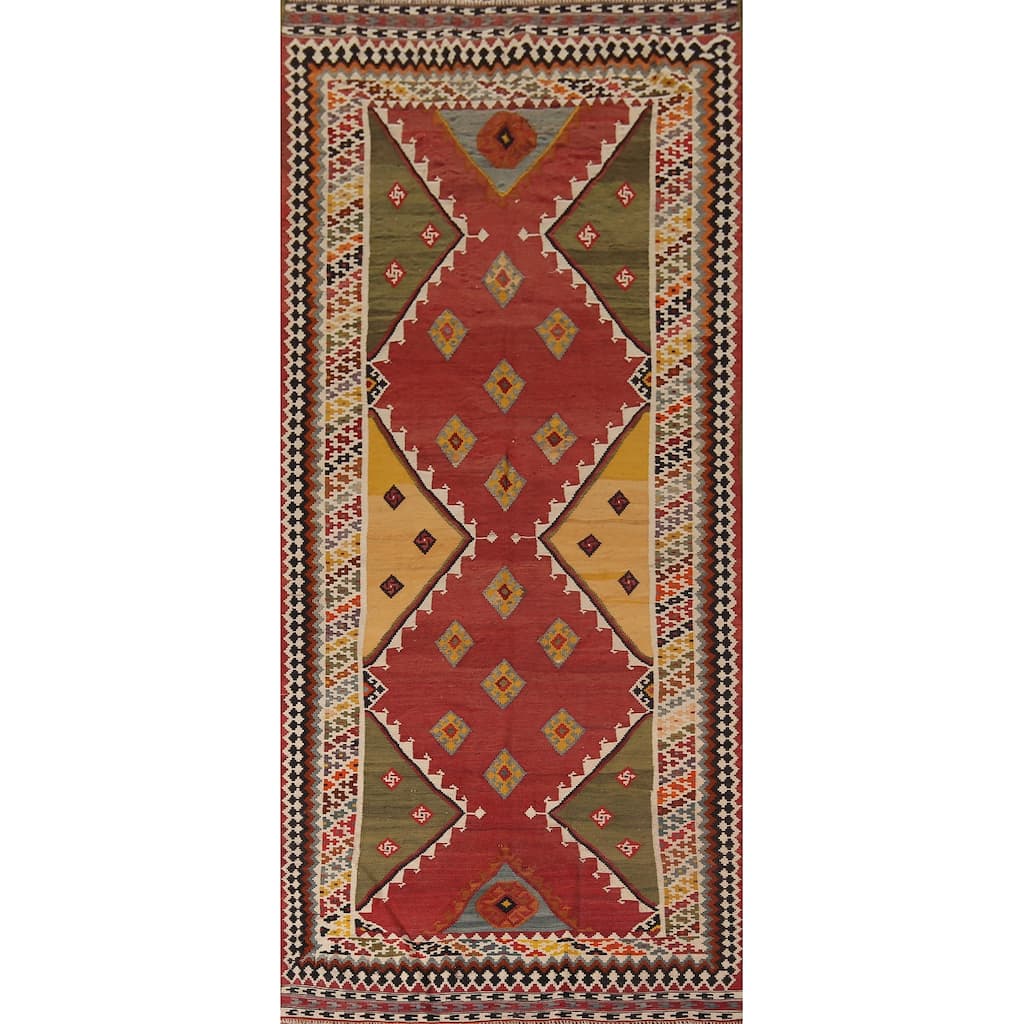 Vegetable Dye Orange Kilim Qashqai Persian Antique Wool Carpet - 4'4"x 10'10"