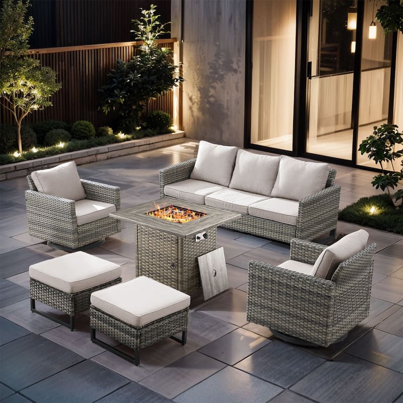 6 Pieces Fire Pit Table with Sofa Swivel Chair Ottoman Set - Gray Wicker - Beige cushion