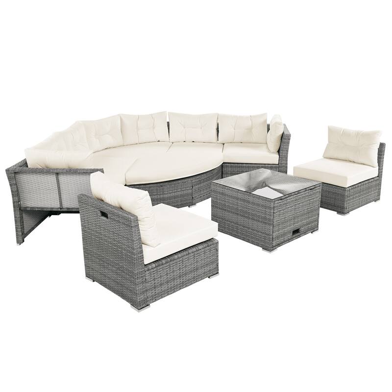 Outdoor Patio Rattan Sectional Set w/ Cushions & Table, Daybed Seating