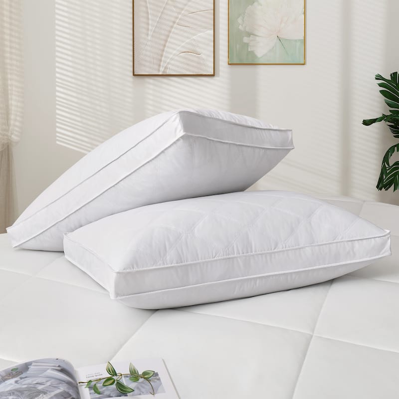 2 Pack Premium Quilted Gusset Goose Feather Down Bed Pillows for Side & Back Sleepers - White - Medium - King