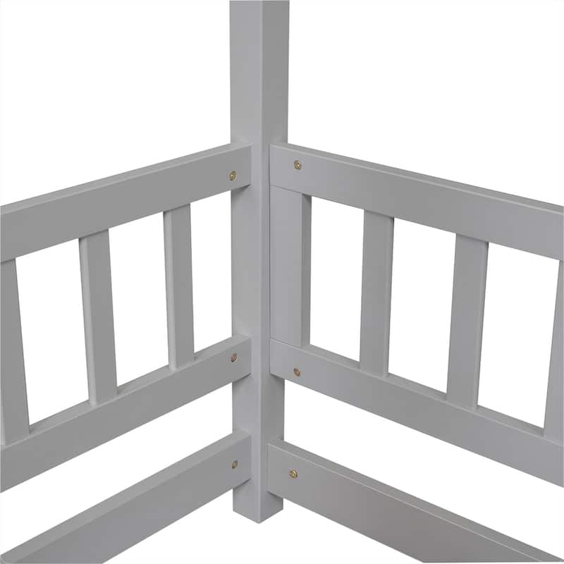 Full Size Floor Wooden Bed with House Roof Frame, Fence Guardrails