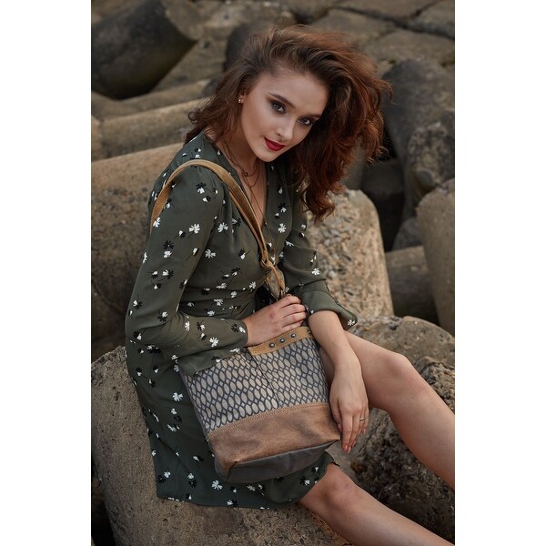 Honey Bee Print Upcycled Canvas and Genuine Leather Shoulder Bag