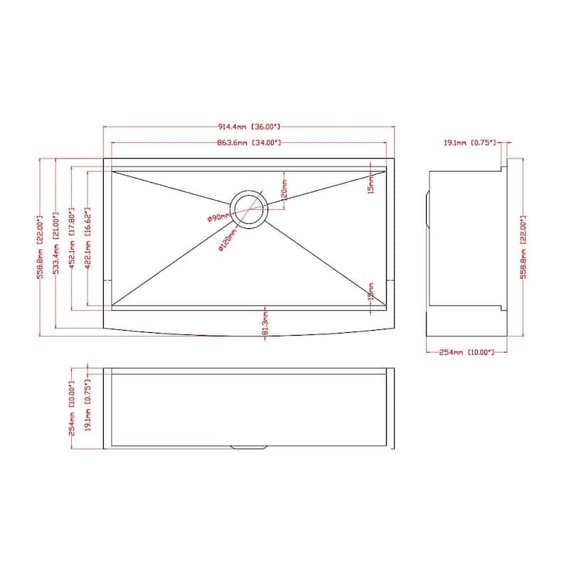 30/33/36 inch Apron Front Farmhouse Single Bowl Stainless Steel Kitchen Sink - 36 x 22 x 10