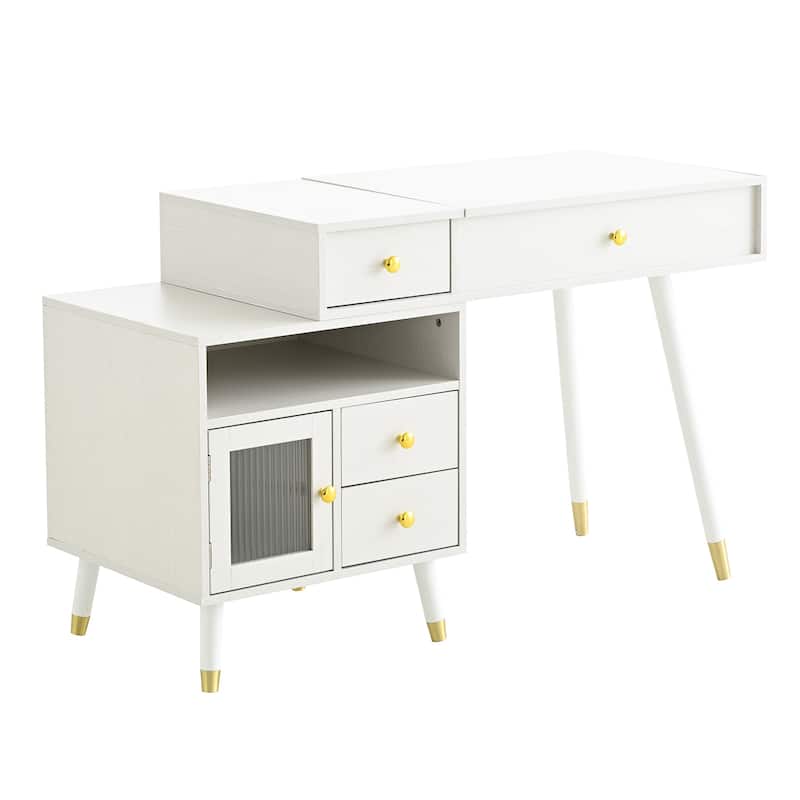 3-in-1 Vanity Desk with Lighted Flip-Top Mirror & Adjustable Cabinet, Makeup Dressing Table with Stool, Dresser with Drawers