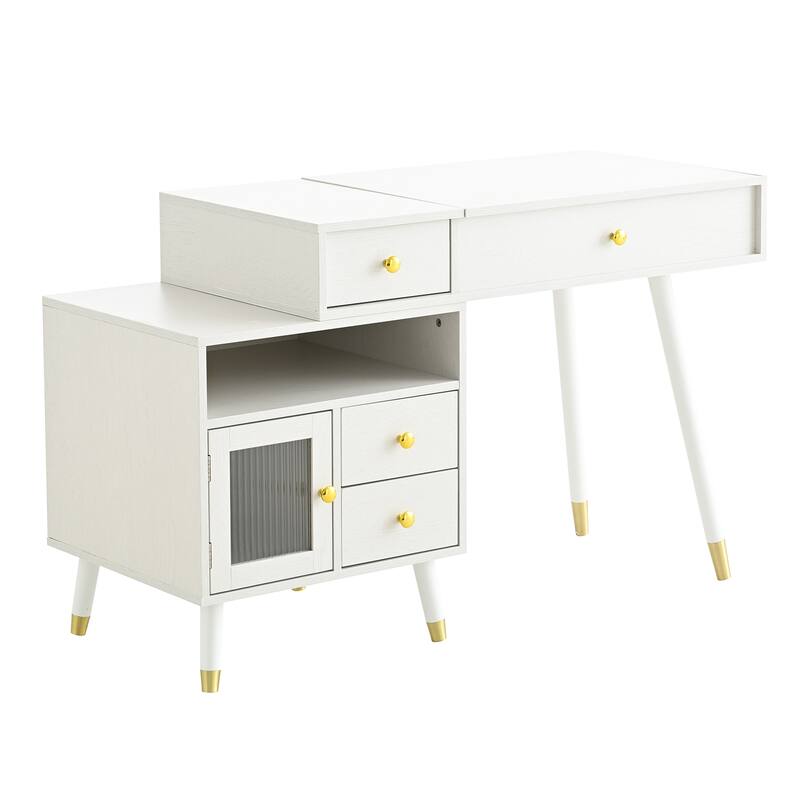 3-in-1 Vanity Desk with Lighted Flip-Top Mirror & Retractable Side Cabinet, Vanity Set with Stool & Storage Drawers