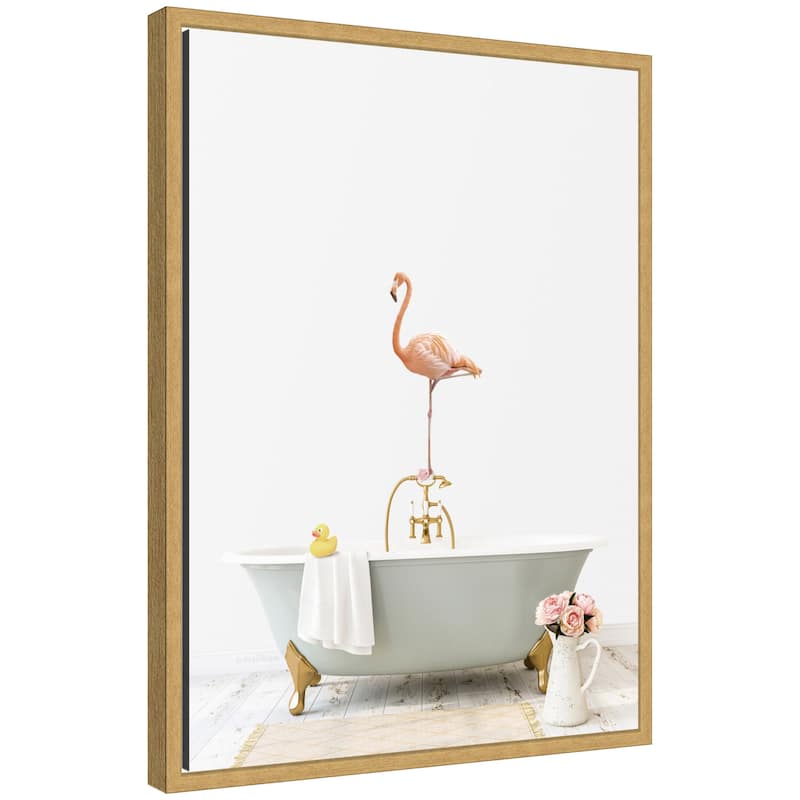 Kate and Laurel Sylvie Flamingo in Cottage Gray Bathtub Framed Canvas by Amy Peterson - Yellow