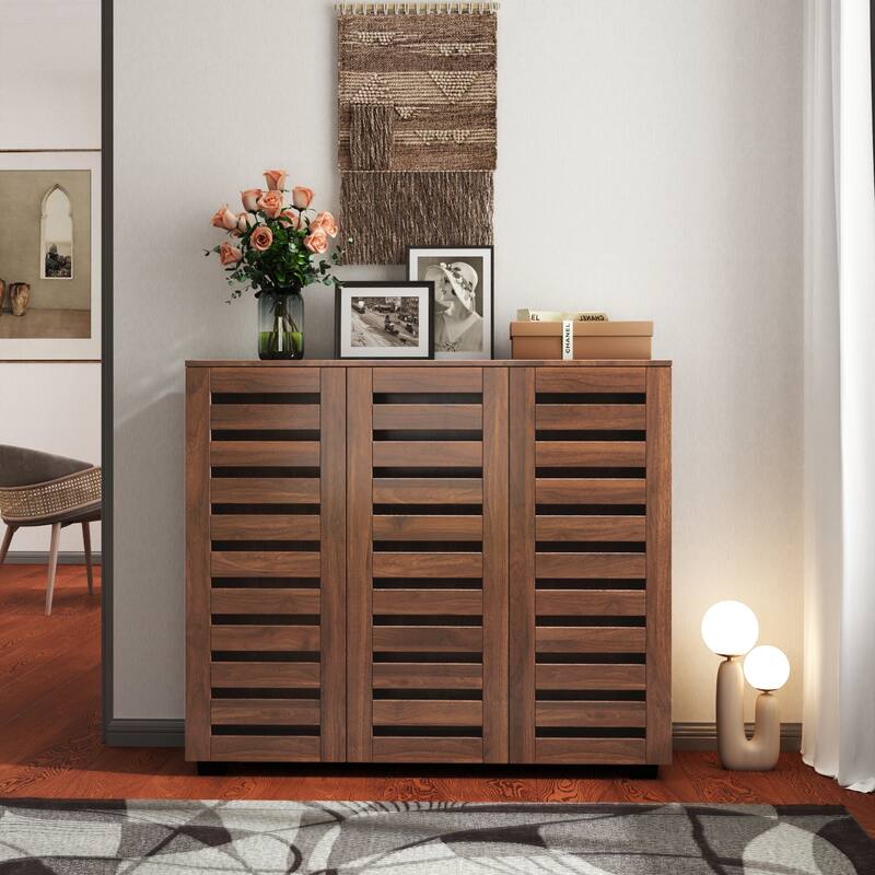 5-Tier Shoe Storage Cabinet with Adjustable Shelves, Wooden Shoe Rack Organizer with Louvered Doors for Entryway, Hallway