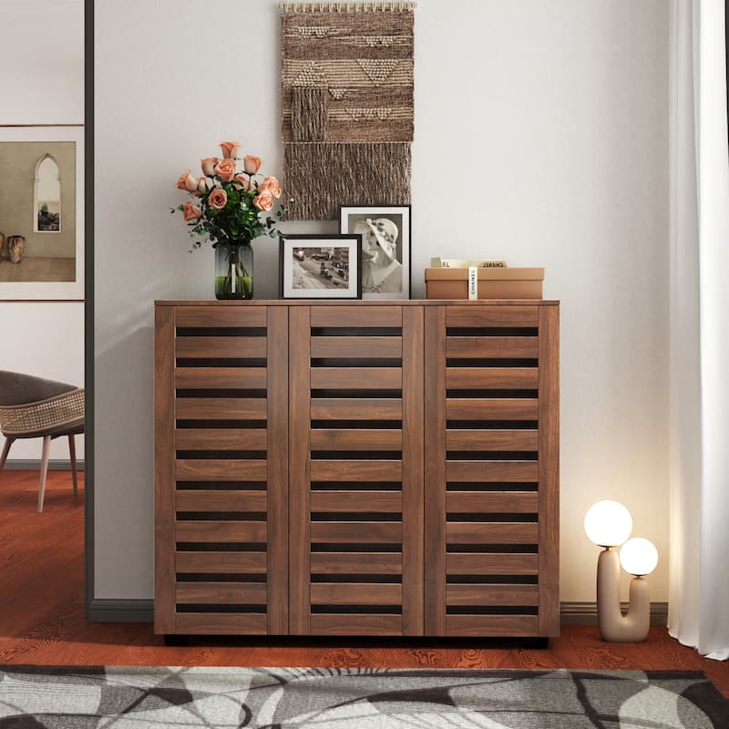 Shoe Cabinet, 5-Tier Shoe Storage Cabinet with Adjustable Shelves, Wooden Shoe Rack Organizer with Louvered Doors,Closet