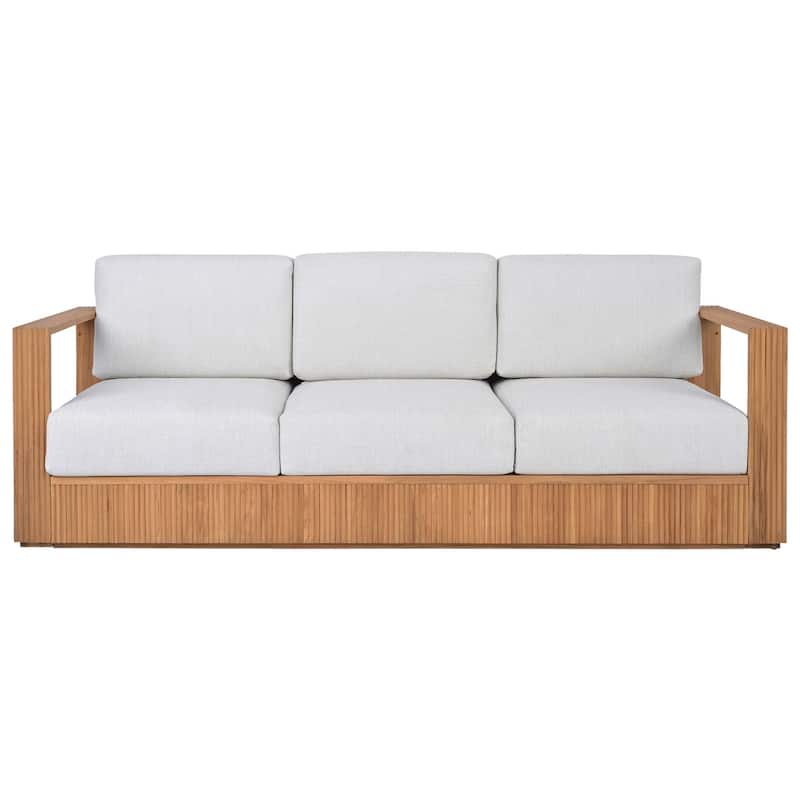 SAFAVIEH Couture Saint Lucia Reeded Teak Wood Patio Sofa - 80"W x 30"D x 24"H
