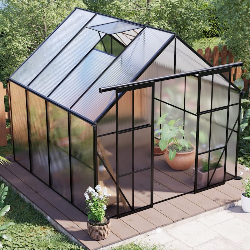 UV-Resistant Greenhouse Shed Plant Shed with Sliding Door & Adjustable Roof, Built-in Drainage Gutter Garden Shed, Rust-proof
