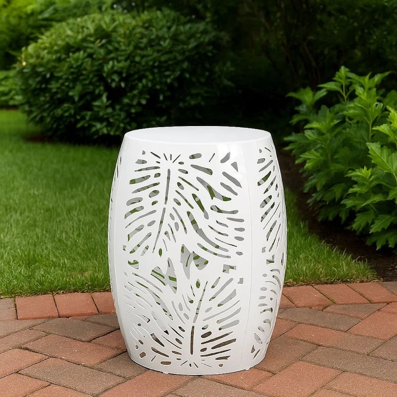 Miami Outdoor End Table Stool, Palm Leaf Pattern, White Iron, 17 Inch