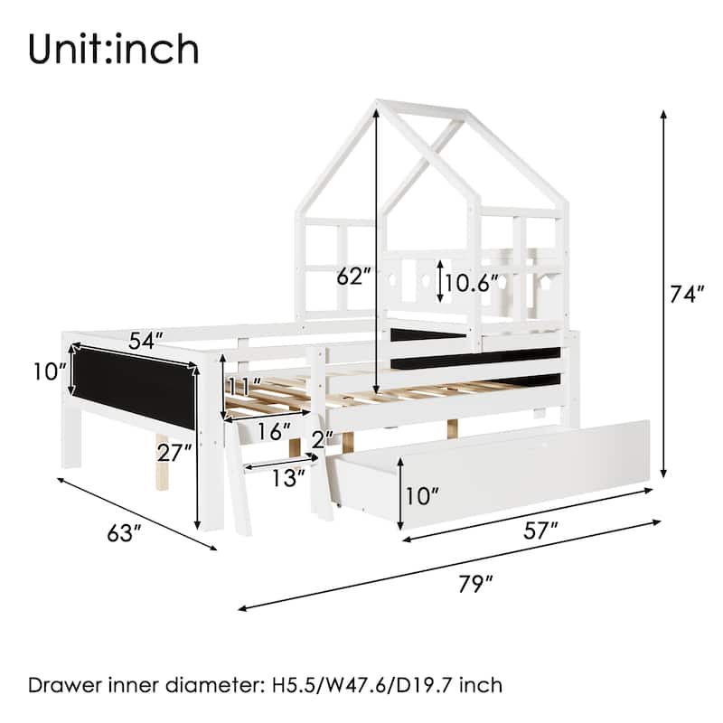 Full Size Kids' Loft-Style Bed with Ladder, Dual Blackboard Panels, and Underbed Storage Drawer, Solid Wood Frame