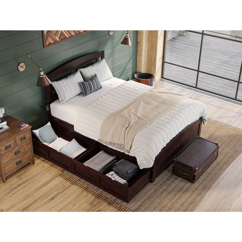 Solid Wood Platform Bed with Footboard & Drawers - Full Size Espresso - Underbed Storage & Charging Station