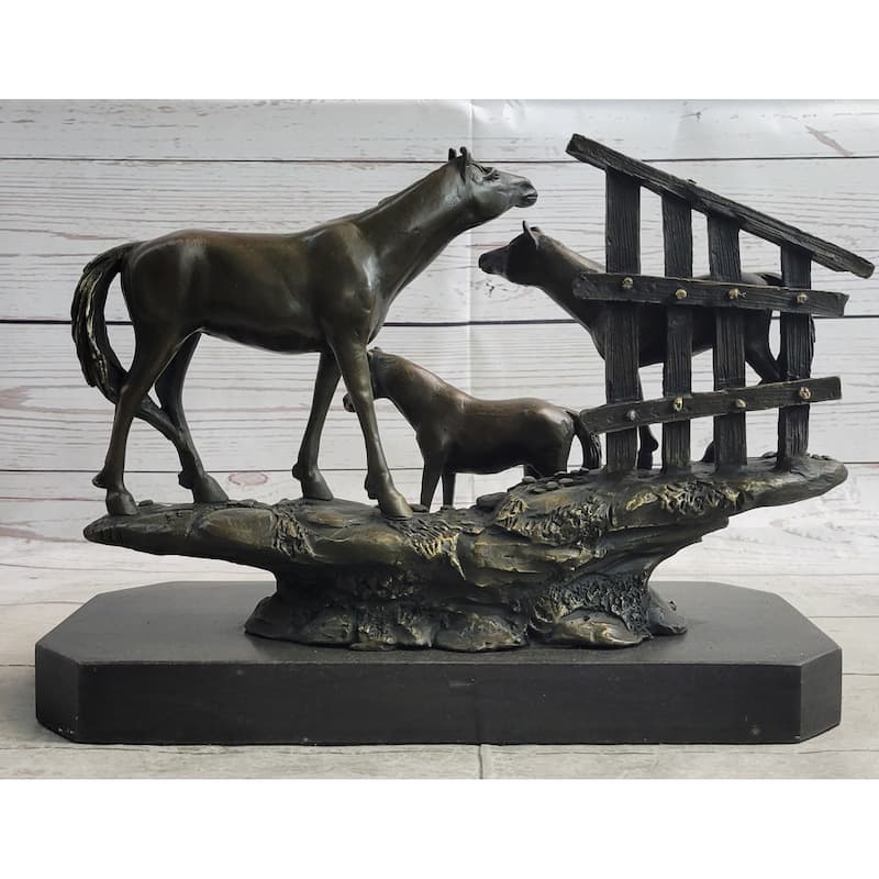 Horse Farm Horses Behind Stables Bronze Sculpture Statue Figure Equestrian Art Decor