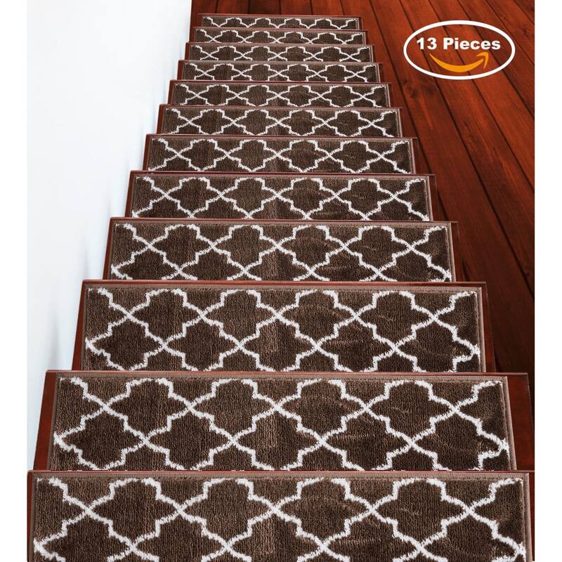 SUSSEXHOME Geometric Stair Treads with Easy to Install Double Adhesive Tape 9" x 28" - 13-PACK - Brown