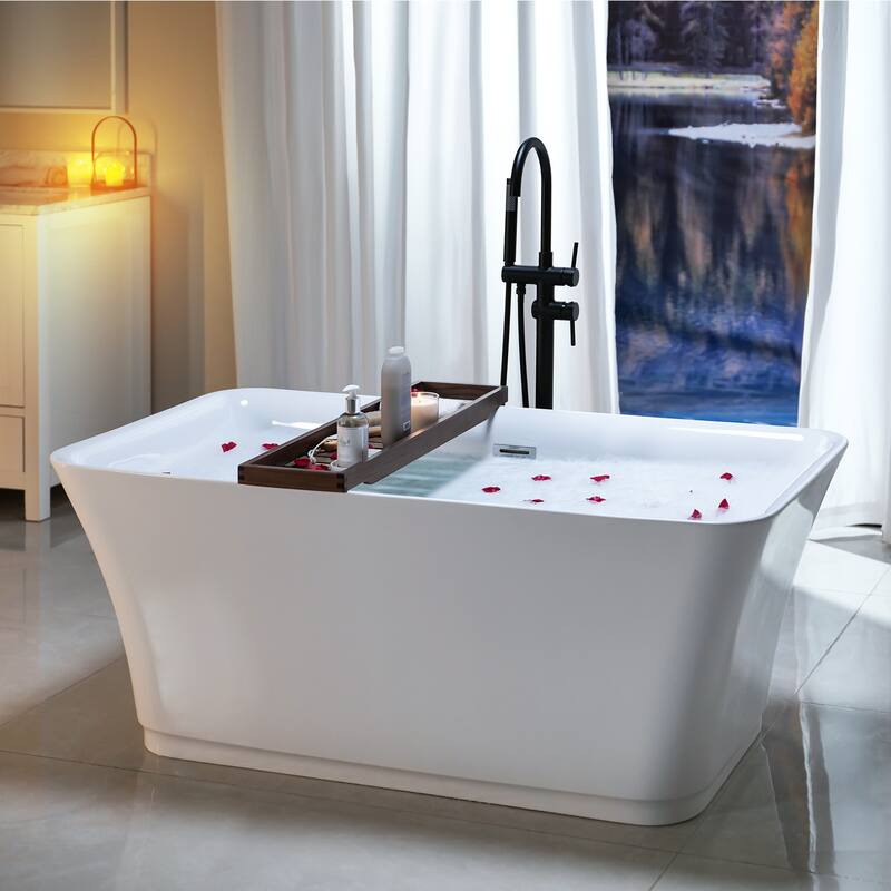 59" x 30" Freestanding Rectangular Soaking Acrylic Bathtub in White with Polished Chrome Overflow and Drain