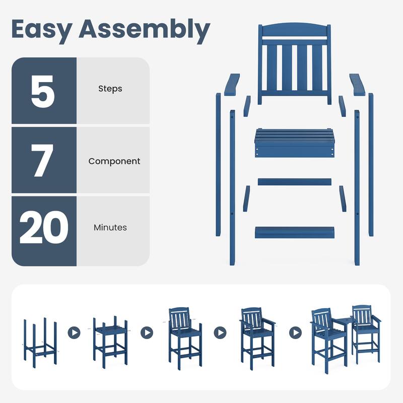 Set of 2 All-Weather HDPE Adirondack Bar Stools with Connecting Drink Tray, Tall Patio Bar Height Chairs for Poolside & Backyard