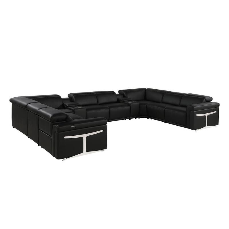 HomeRoots Black Italian Leather Power Reclining U Shaped Ten Piece Corner Sectional With Console