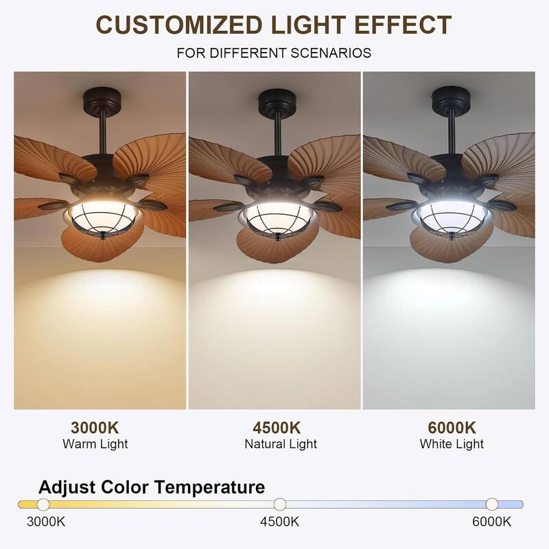44"/52" Palm Leaf Tropical Ceiling Fan with Light,Indoor and Outdoor Ceiling Fan,Waterproof for Covered Porch