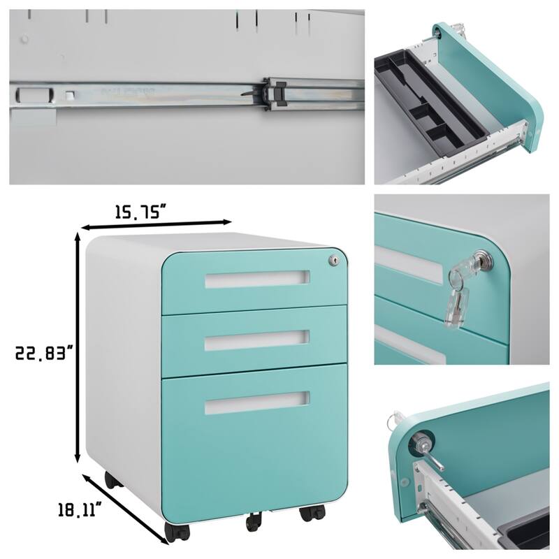 3 Drawer Mobile File Cabinet Under Desk Office, 5 Wheel Design Anti-Tilting Cold Rolled Steel Waterproof Moisture-Proof