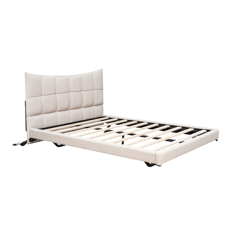 HomeRoots Beige Tufted Upholstered Full Bed Frame With LED Lighting And USB