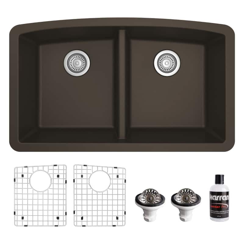 Karran Undermount Quartz 32 in. 50/50 Double Bowl Kitchen Sink Kit