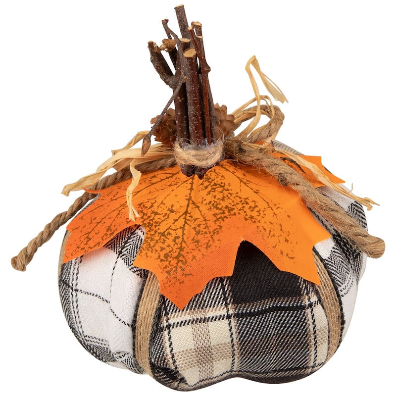 Plaid Pumpkin with Leaf Fall Harvest Pumpkin Decoration - 5" - White and Black