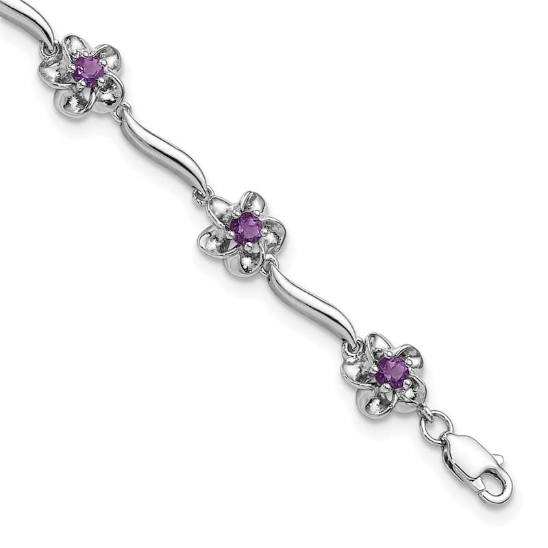 Curata 7.85mm 925 Sterling Silver Rhodium Plated Floral Amethyst Bracelet