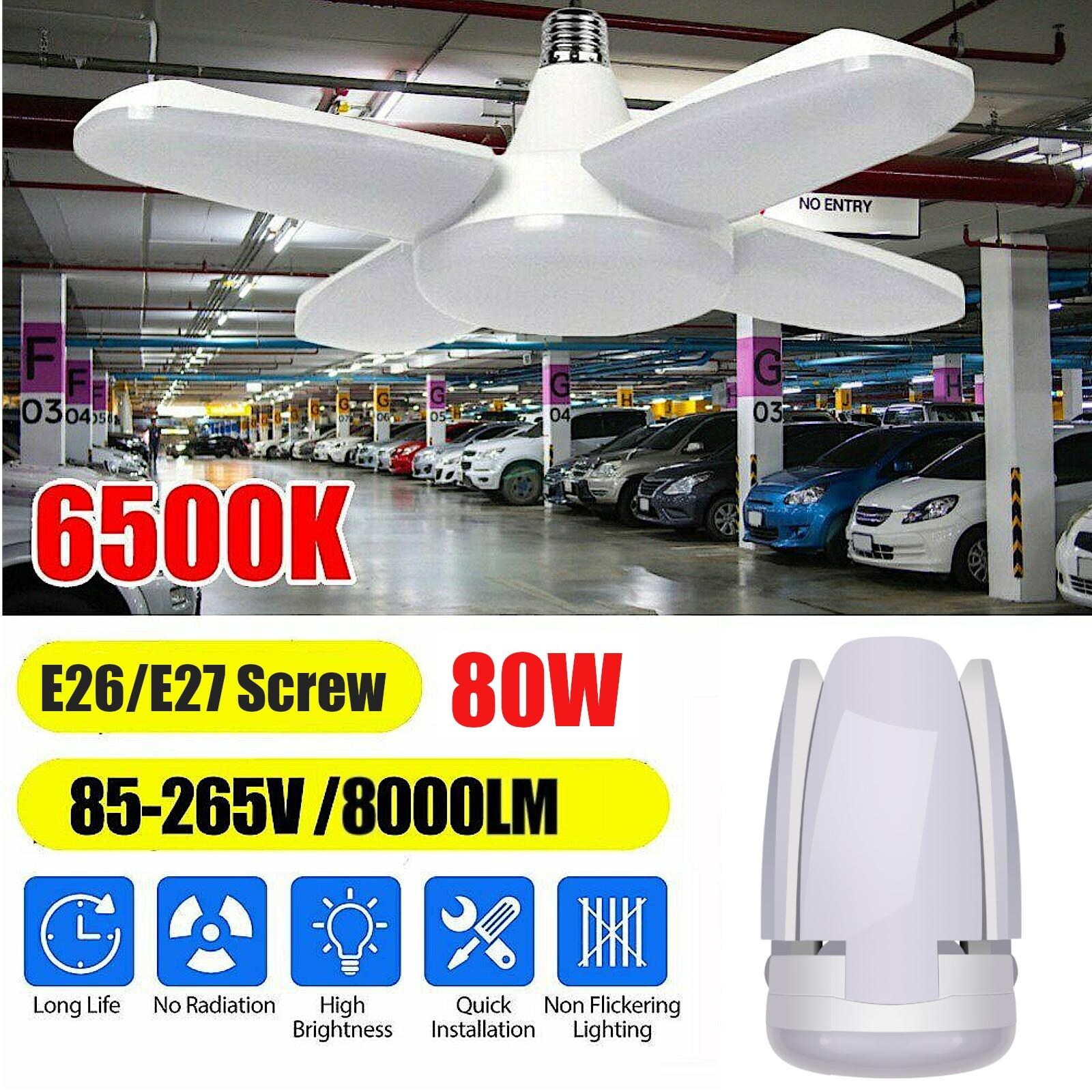 NO Motion Sensor High Bay Light Barn Light Deformable Garage Light with 3 Adjustable Wings 80W LED Garage Lights Ceiling Lighting Fixture for Warehouse 8000LM E26 LED Shop Light