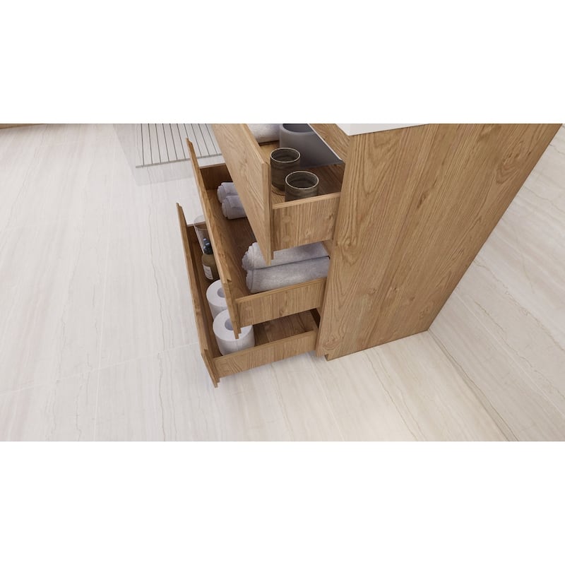Angeles 30 natural oak finish freestanding bath vanity with single basin reinforced acrylic top