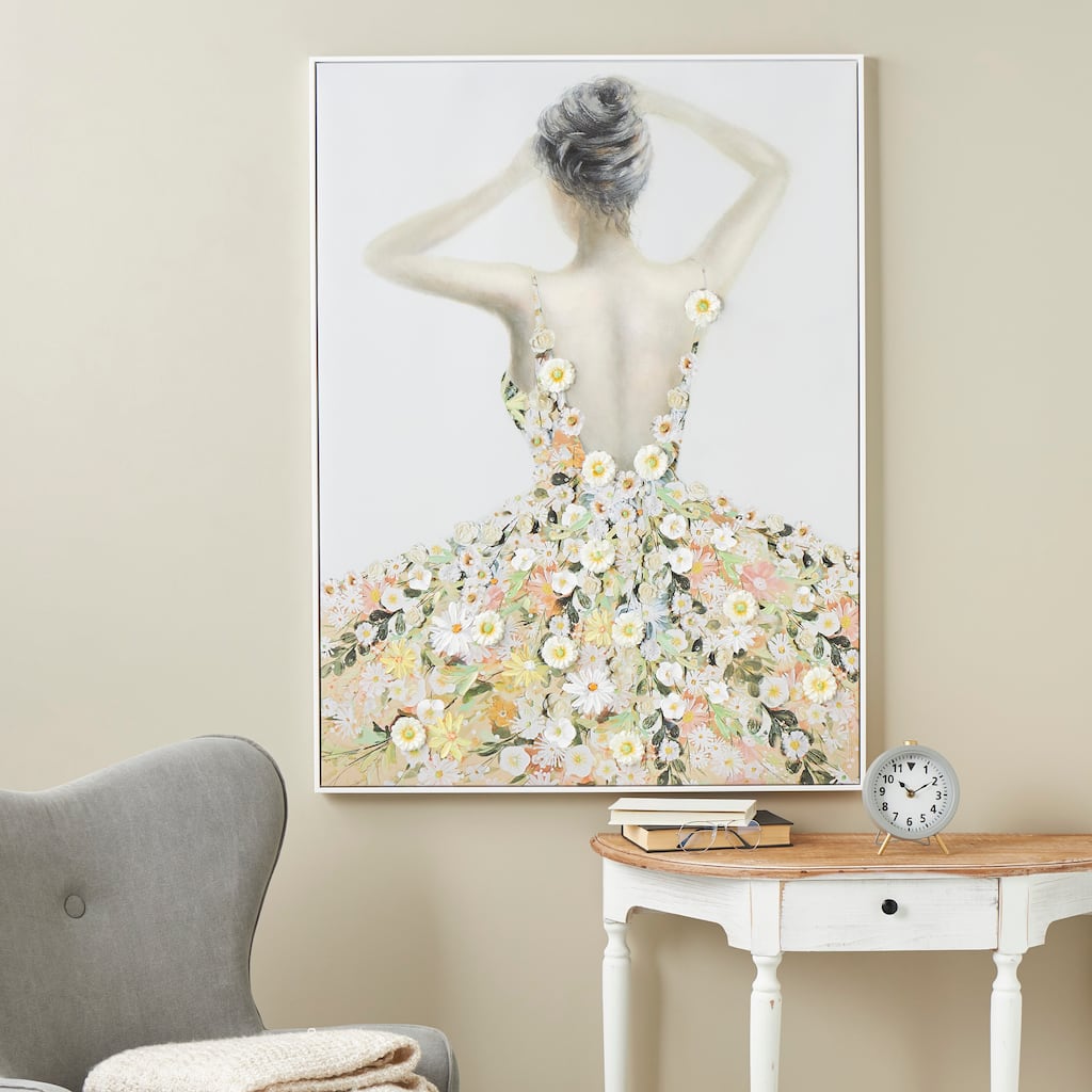 Multi Colored Canvas Woman Living Room Framed Wall Art with 3D Daisy Flowers