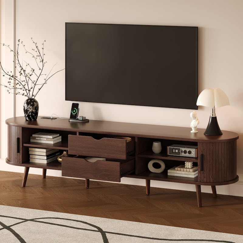 70" Mid Century TV Stand with Tambour Doors & Drawers, Media Console for 80" TVs, Living Room & Bedroom Storage