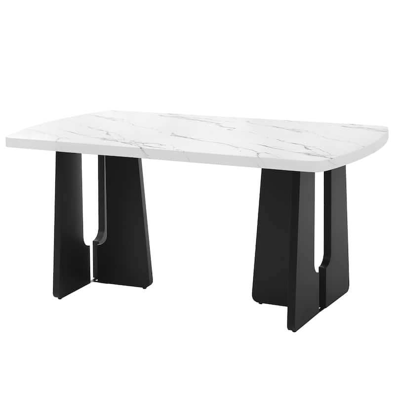Roomfitters 63 Inch Faux Marble Dining Table, Modern Kitchen Table with Geometric Base, Large Rectangular Table