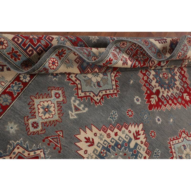 Hand Knotted Oriental 100% Wool Carpet Traditional Geometric Greys & Charcoal Kazak Area Rug - 9' 6'' X 6' 11''