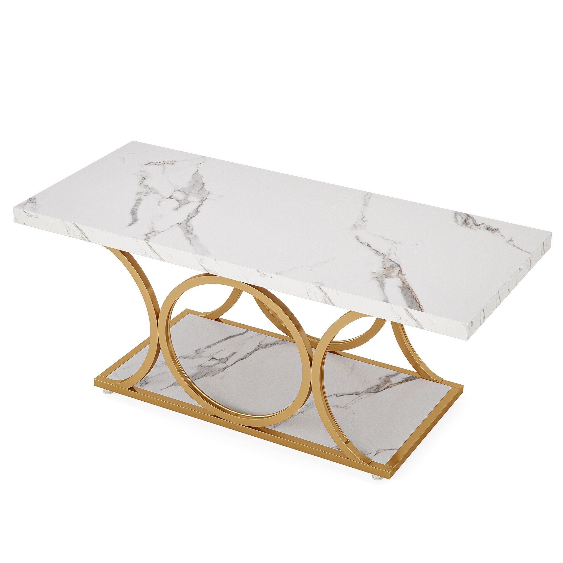 2-Tier Faux Marble Wood Coffee Table with Geometric Legs