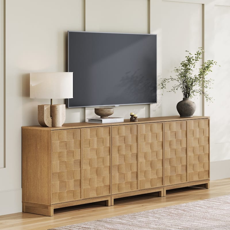 Paige Mid Century Modern Bar Cabinet Credenza, Light Wood Accent Cabinet with Sculpted Doors and Interior Adjustable Shelf - Set of 3 - Light Brown