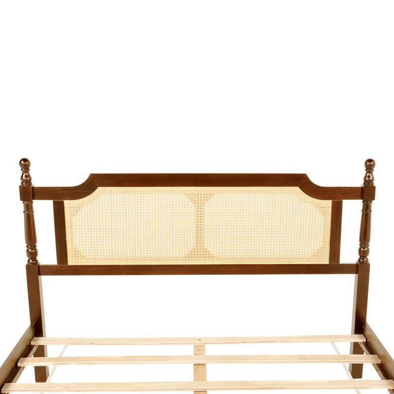 Queen Pine wooden Bed with Rattan Headboard and Footboard