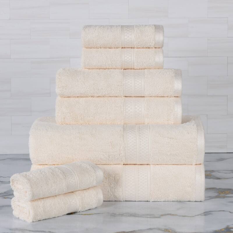 Superior 8 Piece Towel Set (2 Piece Bath Towel and 6 Piece Hand Towel), Rayon From Bamboo and Cotton - Ivory