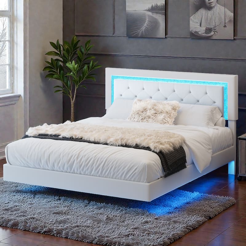 Floating Upholstered Bed Frame with LED Lights, Diamond Tufted Headboard, PU Leather Platform Bed, No Box Spring Needed