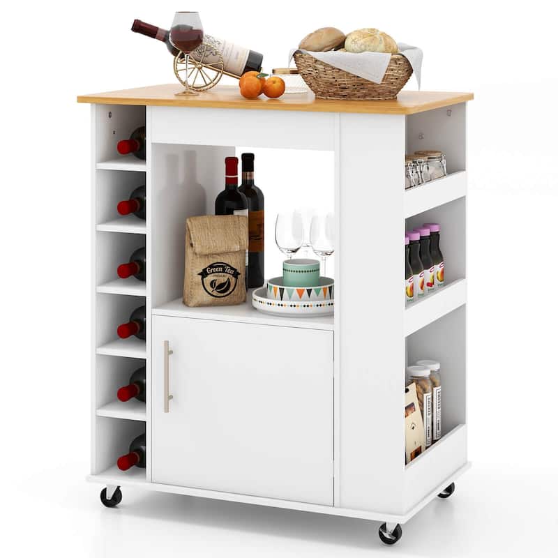 Kitchen Cart on Wheels with Bamboo Top and 6-Bottle Wine Rack-White - 30" x 17.5" x 35"