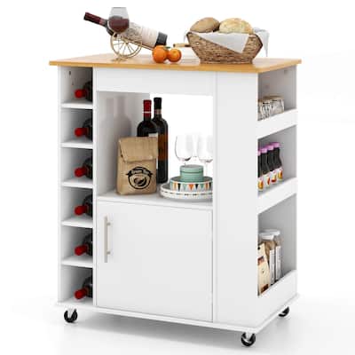 Kitchen Cart on Wheels with Bamboo Top and 6-Bottle Wine Rack-White - 30" x 17.5" x 35"
