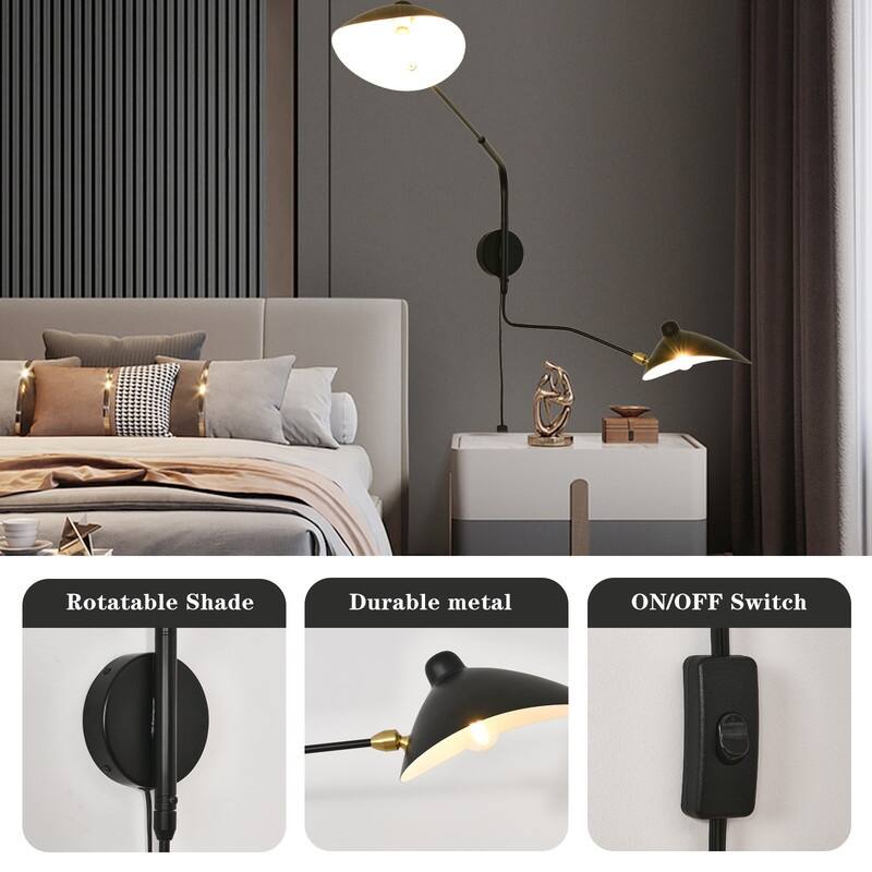 2-Lights Swing Arm Wall Sconces, Plug in Rotatable Black Wall Lights